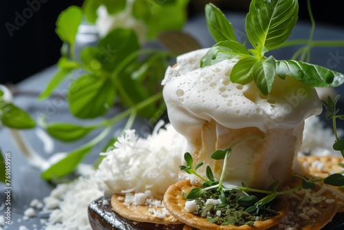 cheese foam over cracker, with herbs and edible soil