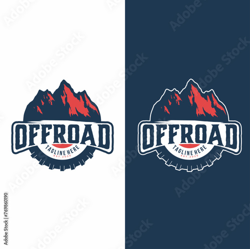 Off road logo design template with mountain background 
