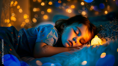 The child sleeps with a lamp. selective focus.