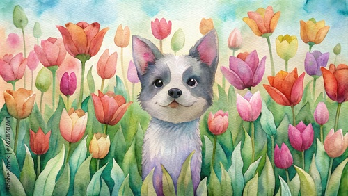 Watercolor illustration of a cute dog with tulips in the garden. #769860753