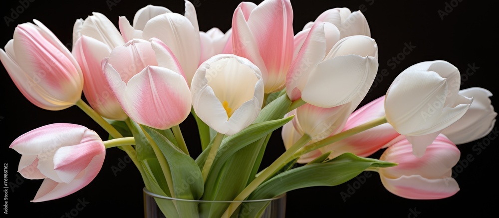 A stunning arrangement of pink and white tulips in a vase, contrasting ...