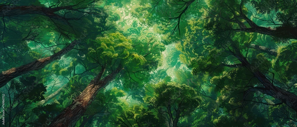 Looking up at the lush treetop in the forest Looking up at the lush treetop in the forest