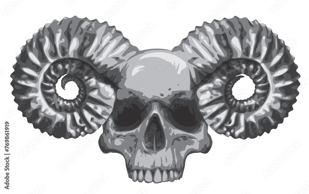 Vector illustration with human skull with horns ram in grunge style. The symbol of Satanism Baphomet
