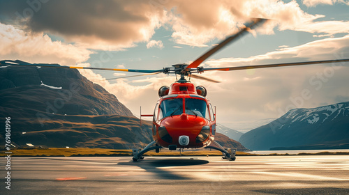 Photo of a red helicopter landing on the tarmac in Iceland, mountains and sky background, daylight, soft light, high resolution photography, highly detailed, fine details, isolated plain, stock photo