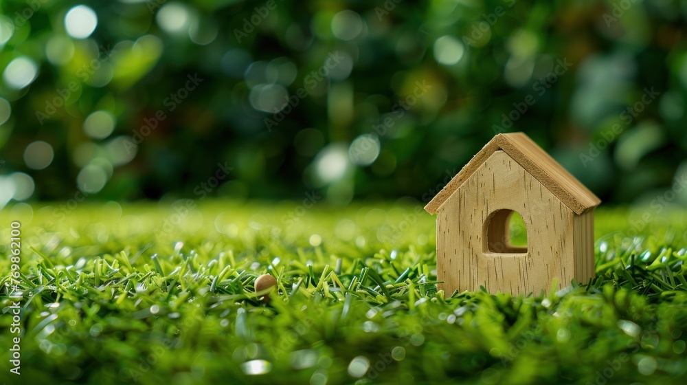 Small wooden house miniature in green grass