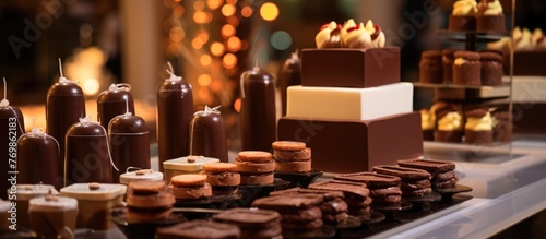 A wide variety of chocolates is displayed on the wood table at the event. From dark to milk, assorted flavors await in the room filled with delectable cuisine