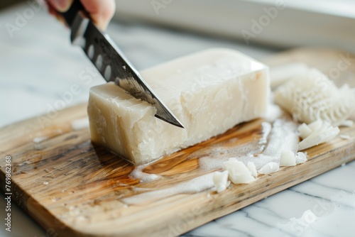 cutting a solid shampoo bar with a knife on a wooden board