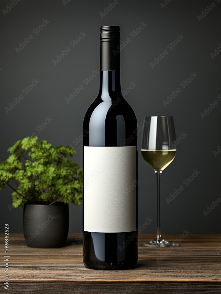 A bottle of wine is on a table next to a wine glass