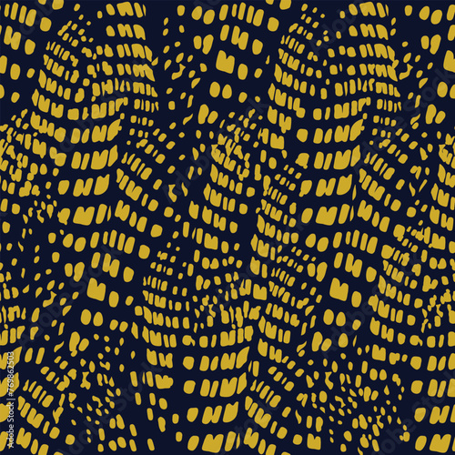 Seamless vector pattern with yellow abstract ornament on dark background.
