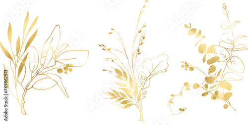 Linear vector gold  floral wreaths  Design for invitation. Gold frame. Botanical line art silhouette leaves. Vector Gold floral. Place for your text. Floral frame set. Hand painted linear illustration