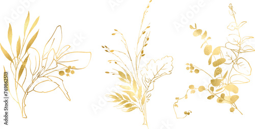 Linear vector gold  floral wreaths, Design for invitation. Gold frame. Botanical line art silhouette leaves. Vector Gold floral. Place for your text. Floral frame set. Hand painted linear illustration