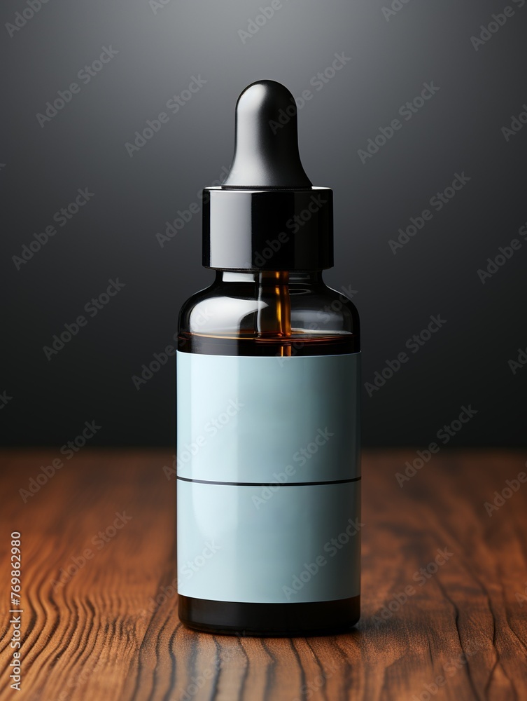 Naklejka premium A bottle of oil with a black cap sits on a wooden table