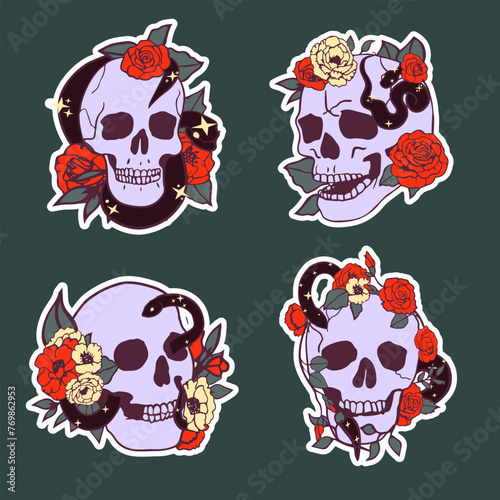 Stickers skull with flowers and snakes isolated on a green background. Set of vector illustrations.