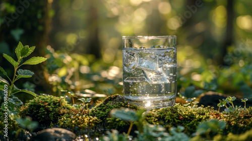 A clear glass of water with green plants. Clean environment and environmental protection concept.