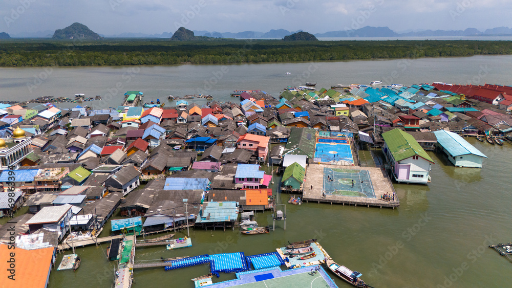 Drone Aerial View from Ko Panyi Floating Fishing Village in Thailand 
