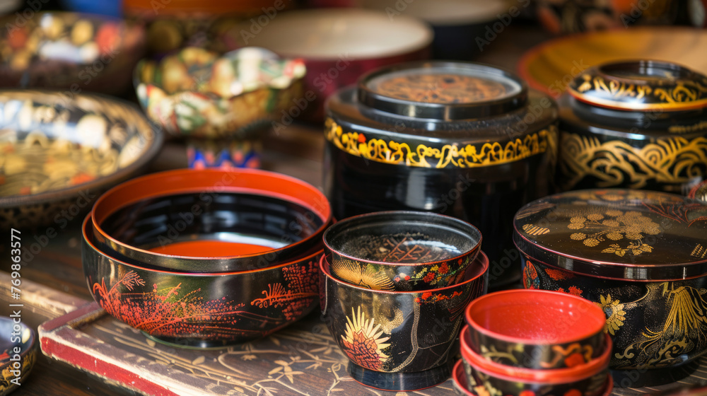 A diverse collection of lacquer bowls and plates with golden accents displayed orderly on a rustic wooden surface