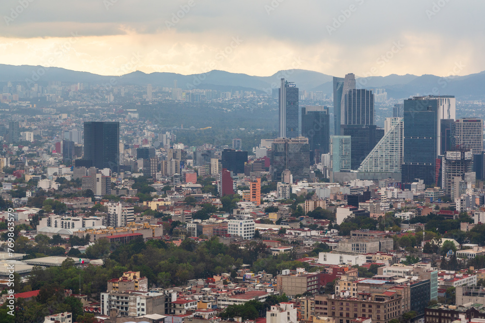 Mexico City, Mexico - 29 November 2022: Aerial view of Mexico City from Torre Latinoamericana at sunset