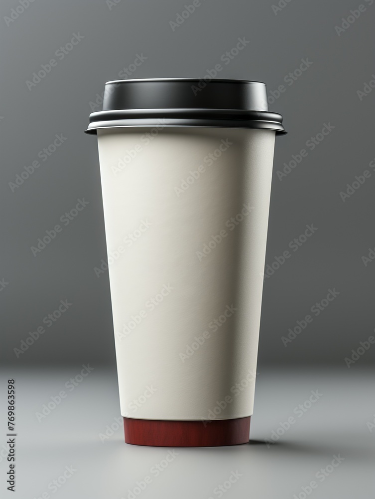 A white coffee cup with a black lid sits on a grey surface