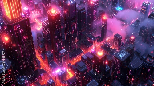 An aerial view of a futuristic city at night. The city is filled with skyscrapers that are illuminated with colorful lights. Some buildings are shaped like towers, while others are more organic.