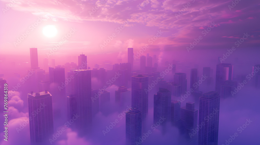 A futuristic city with curved buildings rises above a sea of clouds at sunset.