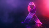 A pink and purple ribbon on a wooden table with a pink and purple background.