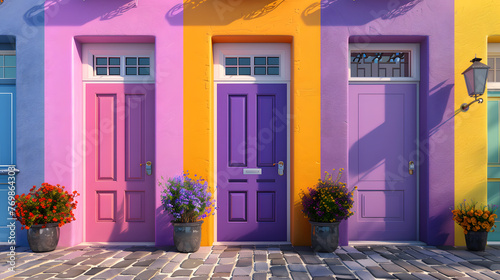 A row of brightly colored front doors adds a pop of color to a brick sidewalk lined with flowers. photo