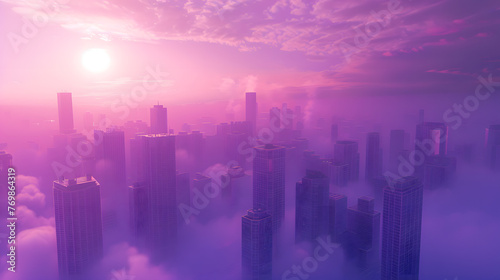 A futuristic city with curved buildings rises above a sea of clouds at sunset.