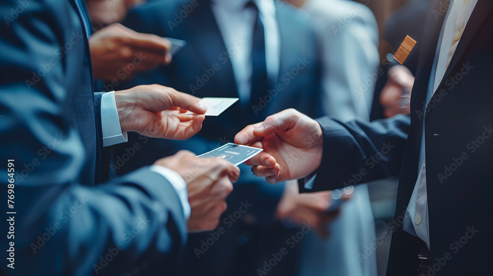 Obraz premium Business team in suits shake hands and exchange business cards