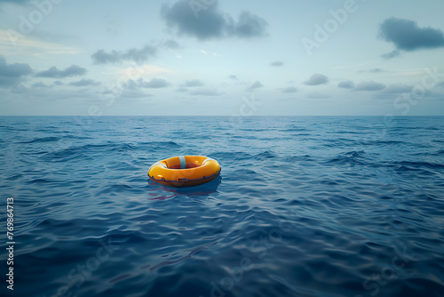 Life buoy rescue ring in the middle of the ocean for rescue and help sos concepts