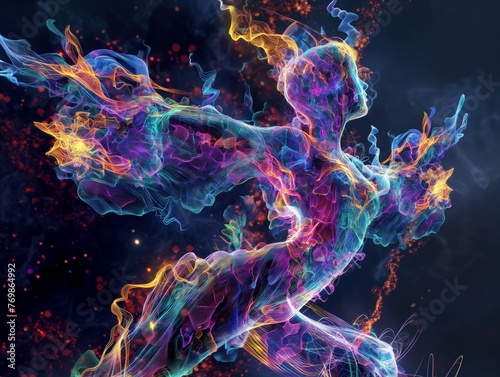 A luminous abstract representation of a dancer enveloped in vibrant energy trails.