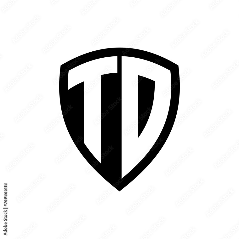 TD monogram logo with bold letters shield shape with black and white color design TD monogram logo with bold letters shield shape with black and white color design