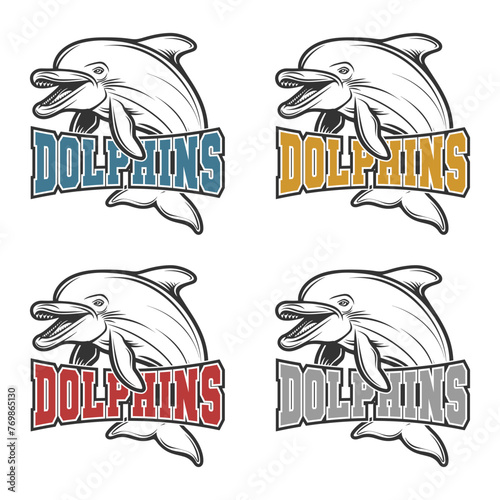 Dolphins Illustration Clip Art Design Shape. Mascot Silhouette Icon Vector.	