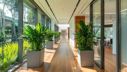 The office corridor is decorated with a modern design  wooden flooring and glass walls Generative AI