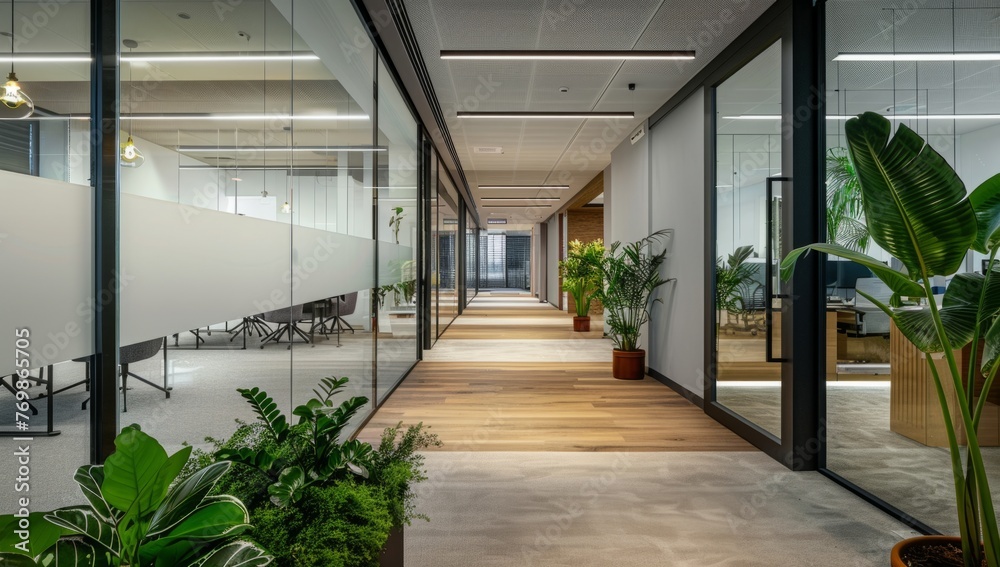The interior of an office building in Necsobvirt has white walls and glass doors with green plants on the floor Generative AI