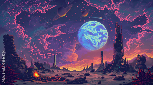 pixel art of planet dungeon background battle scene in RPG old school retro 16 bits, 32 bits game style