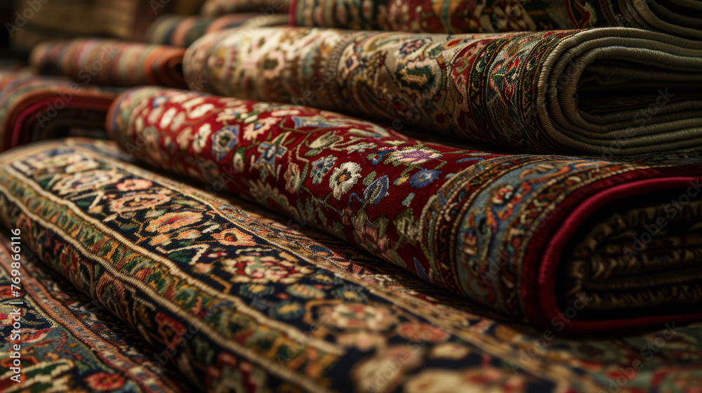 Selective focus image capturing the vivid patterns and colors of folded fine Persian rugs on display Selective focus image capturing the vivid patterns and colors of folded fine Persian rugs on display