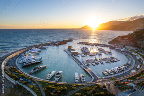Ventimiglia, Italy - Aerial view of yachts in the Marina at sunset on the Mediterranean Sea