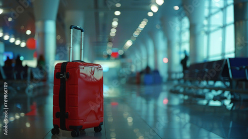 A vibrant red suitcase stands alone in a spacious, deserted airport terminal, giving a sense of solitude in a usually bustling space