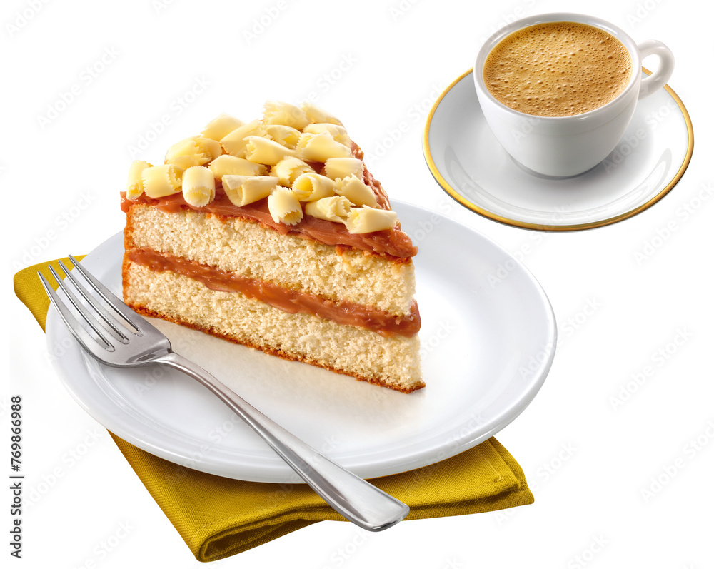 prato com bolo de baunilha recheado de doce de leite com cobertura de raspas de chocolate branco acompanhado de xícara de café expresso isolado em fundo transparente prato com bolo de baunilha recheado de doce de leite com cobertura de raspas de chocolate branco acompanhado de xícara de café expresso isolado em fundo transparente