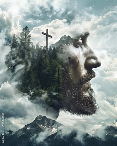 Double exposure image of Jesus Christ, Christian cross and clouds
