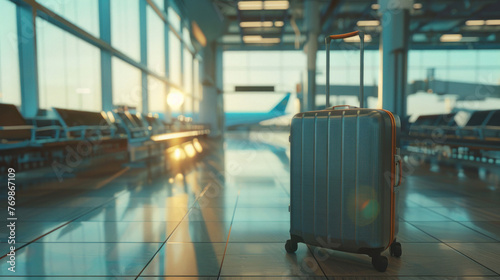 An elegant, modern suitcase stands against the backdrop of a sunrise in an airport, symbolizing new beginnings and travel