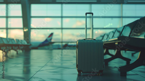 A single modern white suitcase stands abandoned in a vast, empty airport terminal, hinting at travel and abandonment photo