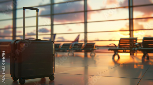 The black suitcase contrasts with the warm hues of a sunrise through the airport windows, symbolizing a new day's travel