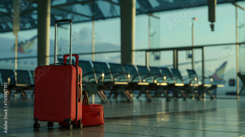 Wallpaper Mural A bold red suitcase stands beside airport seating, hinting at the start of an exciting journey Torontodigital.ca