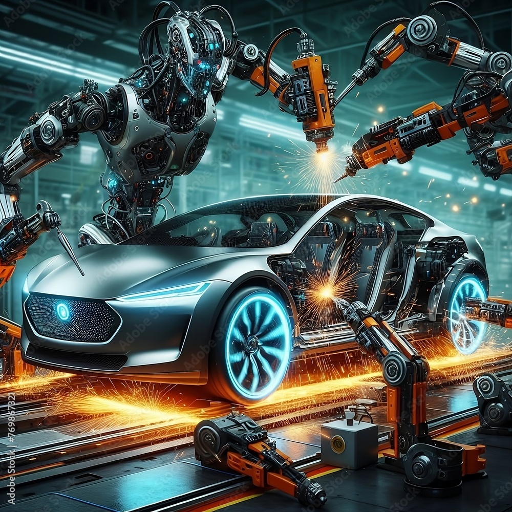 A futuristic car is being built by robots in a factory. The car is ...