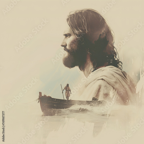 Double exposure image of Jesus Christ and ocean. Calming storm concept. photo