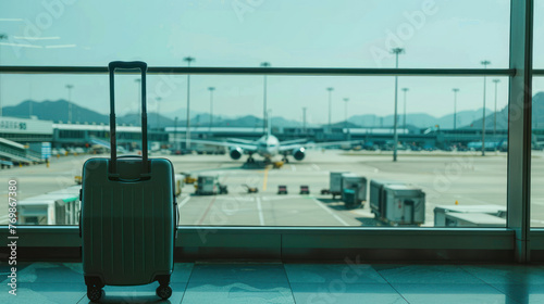 A solitary suitcase stands in the foreground, looking out on the busy runway with planes and ground crew