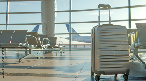 A solitary suitcase stands in a deserted airport terminal with seating area and airplanes in the background