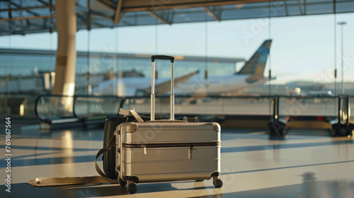 A travel-ready suitcase awaits its owner during the golden hour in a modern airport terminal © Fxquadro