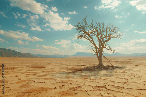A withered tree stands in a dry and barren desert, symbolizing the impact of global warming and environmental degradation.